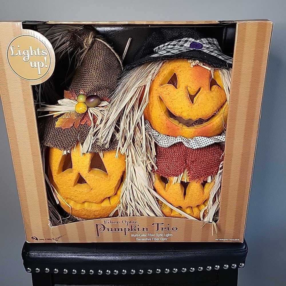 VTG Gemmy Fiber Optic 3 Pumpkins Trio Scarecrows Changing Colors Jack O Lanterns